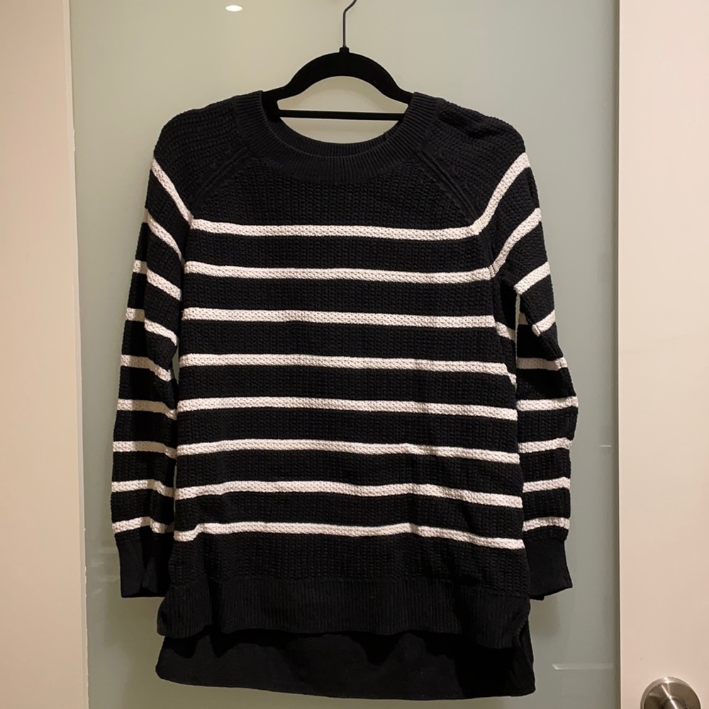 Selling a black and white striped, cable knit sweater originally from Old Navy
